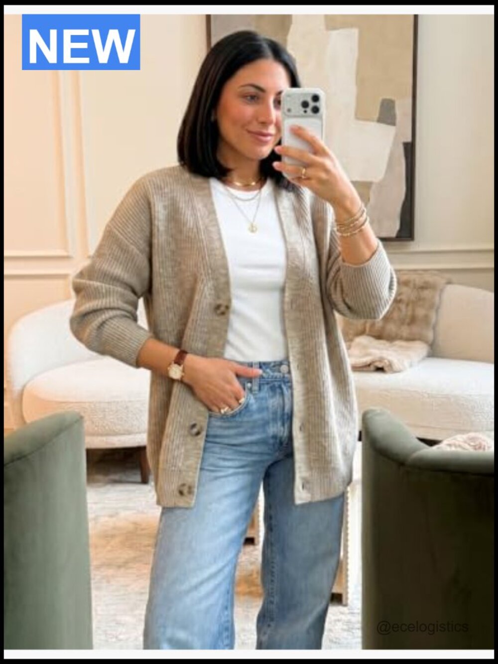 Oversized V-Neck Cardigan Sweater with Buttons Long Sleeve Knit - Picture 3 of 7